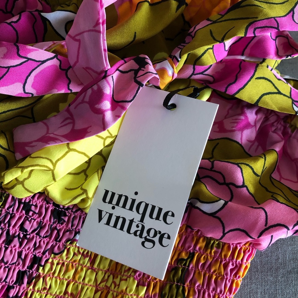 Unique Vintage Breezy Babe Smocked Top Tank Straps Pink Multi New - Picture 6 of 12